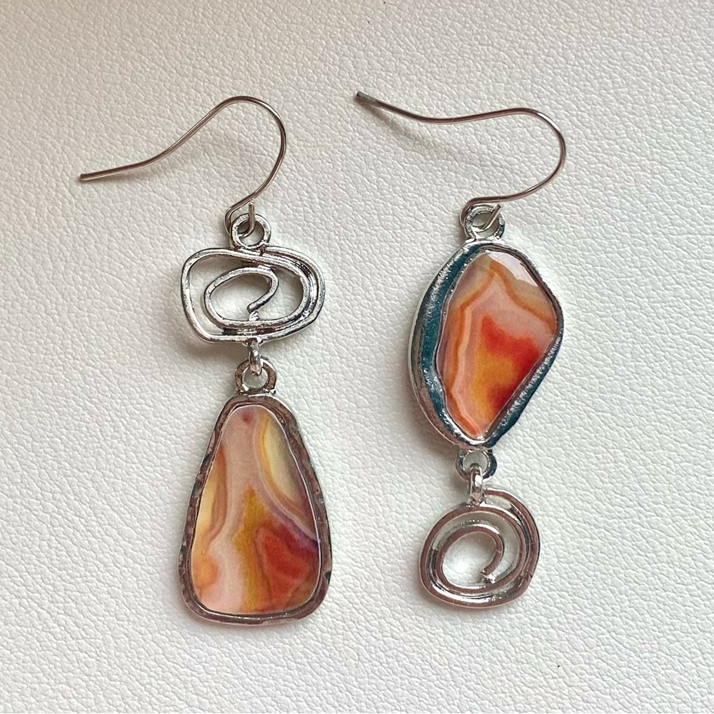 Handcrafted Orange Drop Earrings - Silver Tone